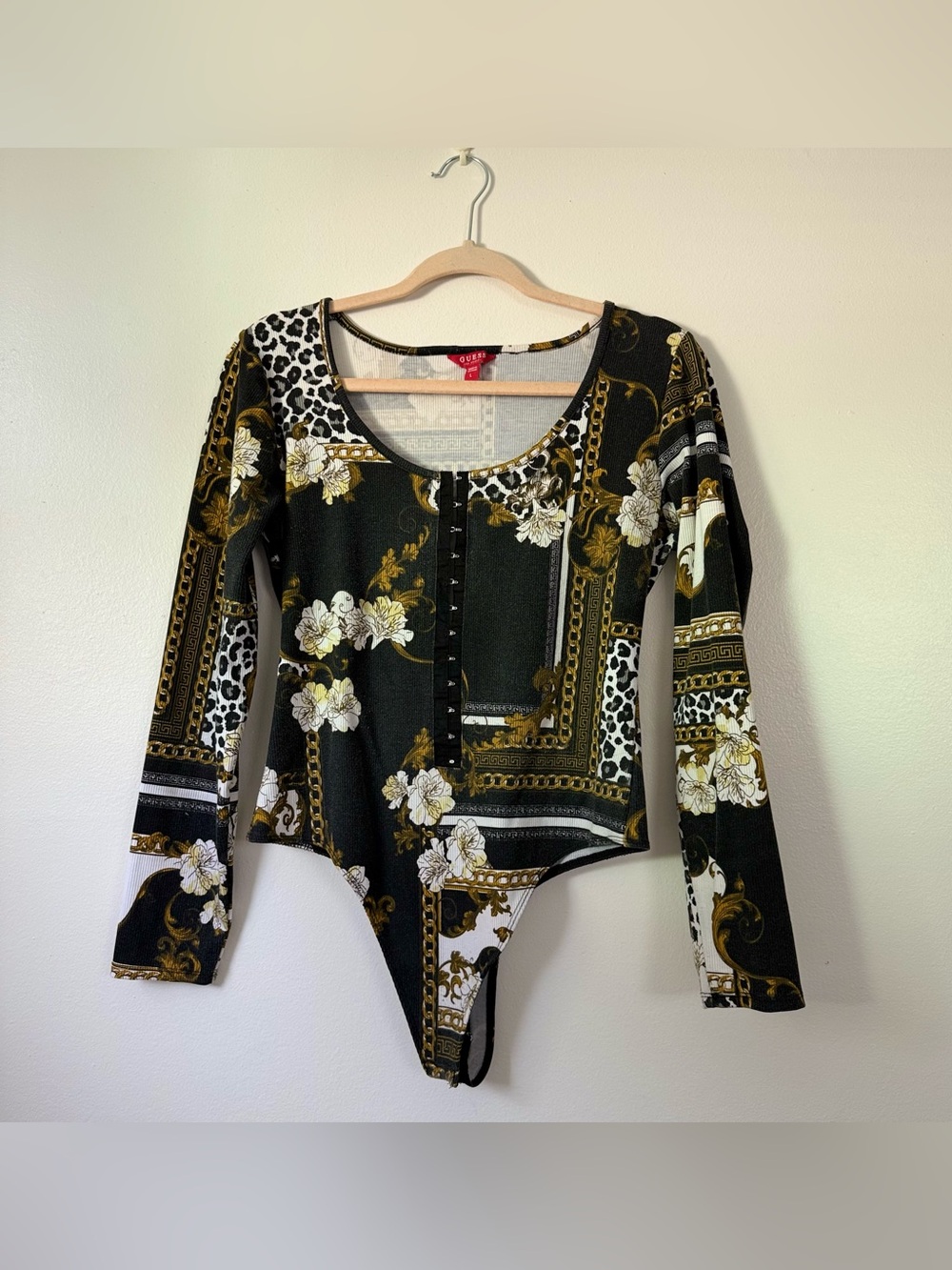 GUESS Black Gold Baroque Floral Leopard Bodysuit L